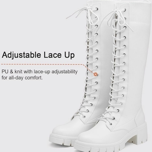 Women's White Knee-High Lace-Up Boots PU and Knit Material New - Picture 6 of 16